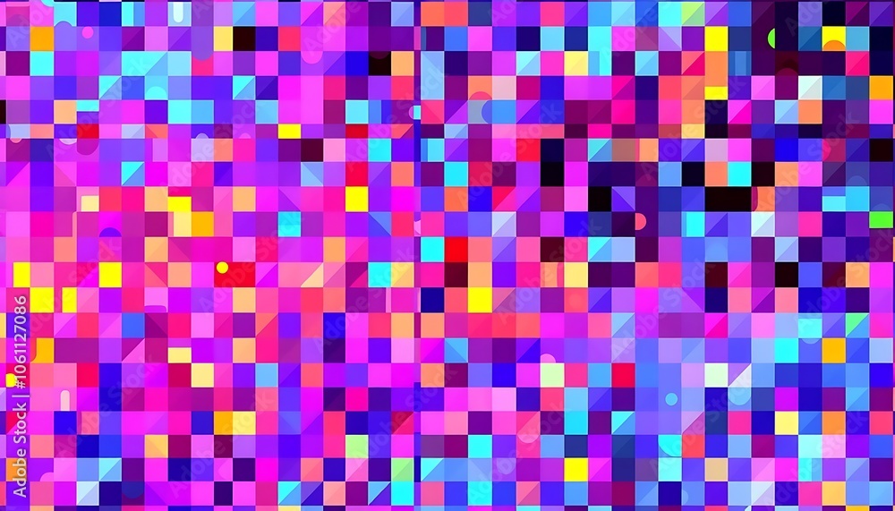 Poster a mosaic of colorful pixels that form abstract shapes and patterns.