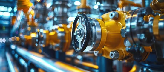 Close up view of complex yellow industrial machinery equipment and automation technology in a high tech modern factory or manufacturing facility setting  Depicting the advanced mechanical engineering