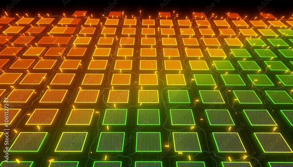 Poster a dynamic grid of glowing, pulsating squares in neon colors.