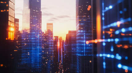 Obraz premium Smart digital city with connection cyber security network reciprocity over the cityscape . future smart wireless digital city and social media networking systems that connects people within the city