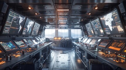 Futuristic interior of a high tech control room or command center featuring an array of digital monitors touchscreen panels buttons and instrumentation
