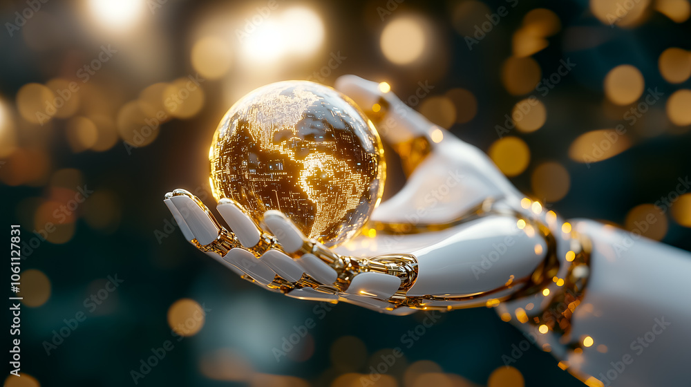 Aufkleber a robotic hand extends toward a luminous digital globe, representing technological advancement and g