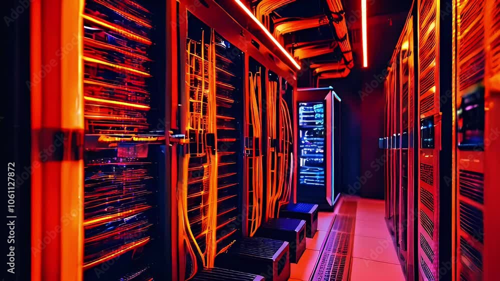 Poster rows of black server racks with orange lights and cables in a data center.