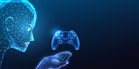 AI advancement in gaming industry concept with robotic head holding game controller on dark blue  © Inna