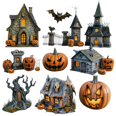 set of halloween isolated on transparent background, png elements collection.