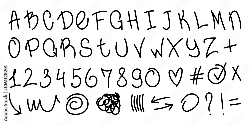 Fototapete english alphabet letters and numbers in row handwritten scribble doodle black marker drawing set