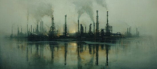 Gloomy dystopian industrial landscape featuring polluted smokestacks and chimneys reflected on the surface of a dark still body of water  The scene conveys a sense of environmental decay desolation