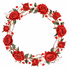 A vibrant cartoon illustration of a circular wreath adorned with red roses and green leaves