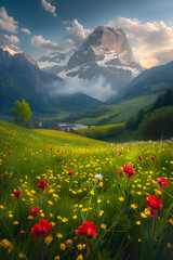Fototapeta premium Idyllic mountain landscape with blooming flowers. High quality photo