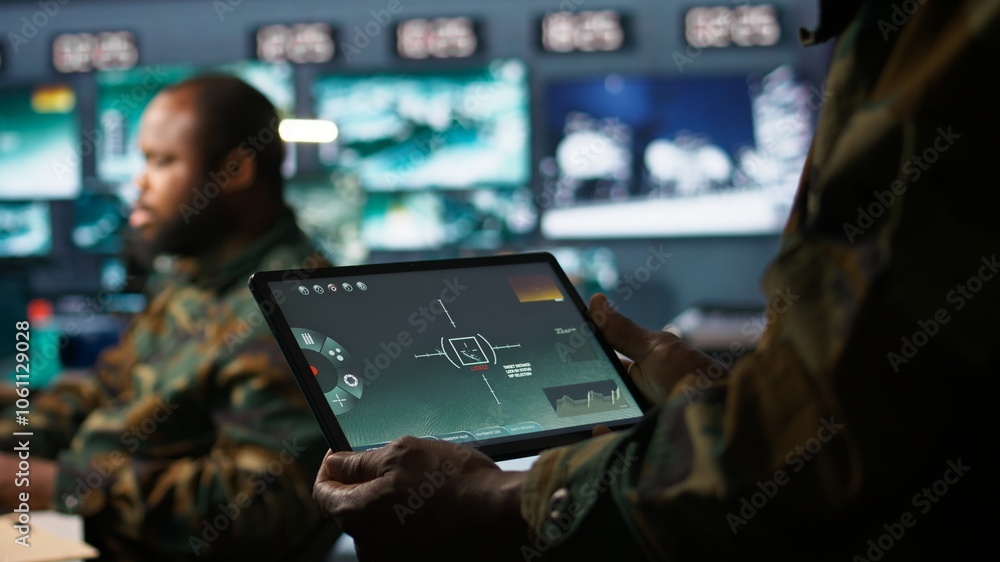 Aufkleber army telecommunication systems operator using satellite software on tablet, providing combat support