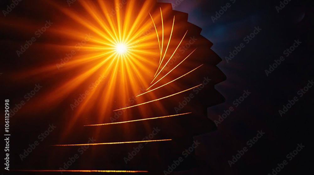 Poster abstract spiral design with bright light rays emanating from the center.
