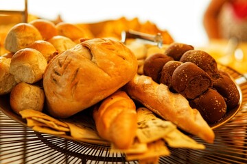 An assortment of freshly baked bread arranged on a round basket.