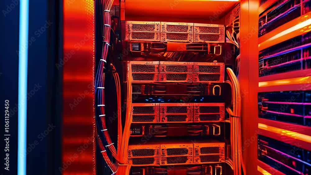 Poster close-up view of a server rack in a data center with red and orange lighting.