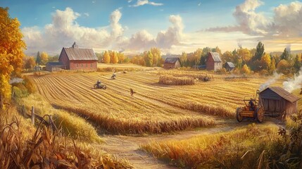 Fototapeta premium Autumn Harvest in the Countryside Landscape with Barns and Tractor