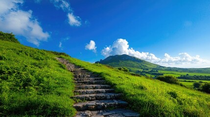 Stone steps leading up a lush green hill under a bright blue sky.