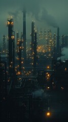 Fototapeta premium A mesmerizing scene of an industrial cityscape where towering smokestacks and machinery are illuminated by a glowing array of lights creating a surreal and captivating atmosphere