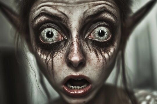 Slack-jawed elf with huge ears and large bulging eyes with makeup running down its cheeks and a startled demented expression