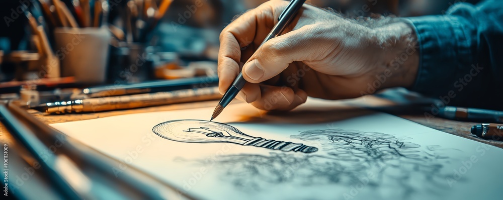 Poster dynamic closeup image of a hand sketching a detailed light bulb on a desk, symbolizing inspiration a