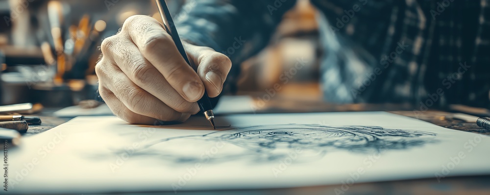 Poster dynamic closeup image of a hand sketching a detailed light bulb on a desk, symbolizing inspiration a