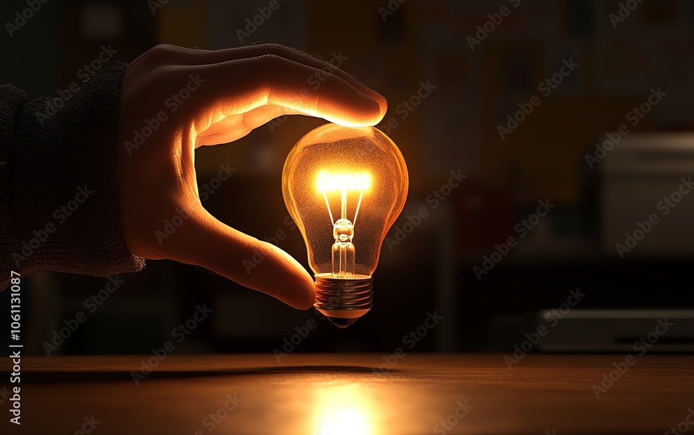 Poster engaging 3d visualization of a closeup hand creating a light bulb illustration on a desk, highlighti