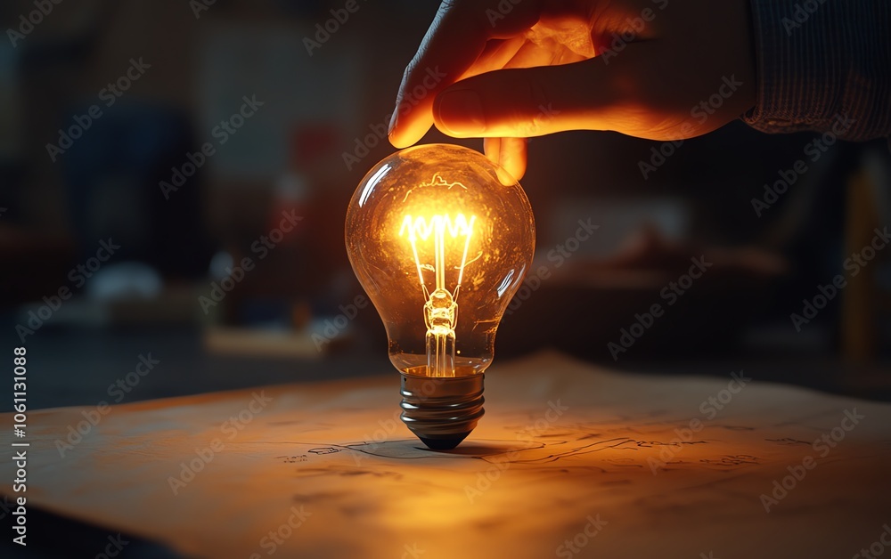 Poster engaging 3d visualization of a closeup hand creating a light bulb illustration on a desk, highlighti