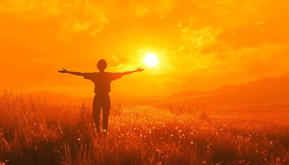Dynamic visualization of an individual standing with arms outstretched in a golden field during sunset, expressing freedom against a breathtaking orange sky