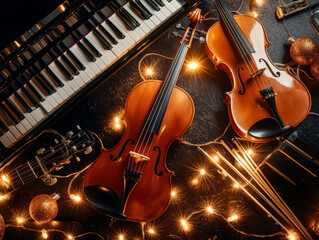 collection of musical instruments including piano, guitar, and violins, surrounded by warm lights...