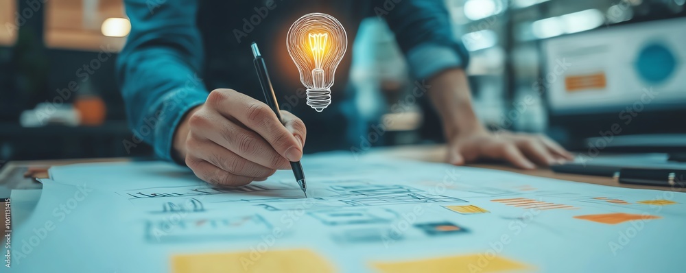 Poster professional closeup rendering of a hand sketching a light bulb design on a desk, symbolizing the ac