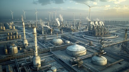 Futuristic industrial complex with wind turbines solar panels and advanced manufacturing facilities showcasing sustainable energy solutions and cutting edge technology for a greener future