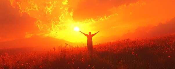 Stunning 3D rendering of a person with arms raised in a lush field at sunset, capturing a sense of freedom against a vibrant orange sky, symbolizing liberation and joy