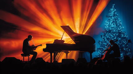 dramatic scene with piano, guitar, and cello illuminated by vibrant lights, creating festive atmosphere with Christmas tree in background