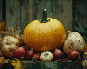 Rustic Autumn Harvest Fresh Organic Vegetables with Earthy Textures and Vibrant Colors, Ideal for...