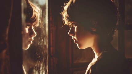 reflection of two silhouettes in warm lighting creating a mirror effect through window glass