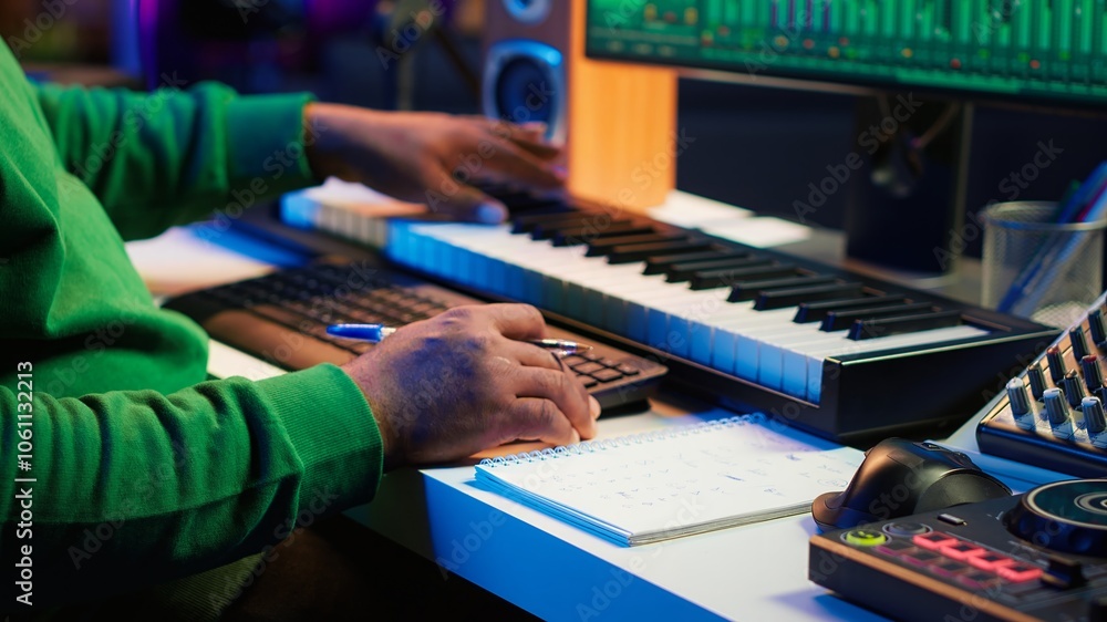 Leinwandbilder in his home studio, songwriter writes down lines and melodic elements to create new tunes. using dig