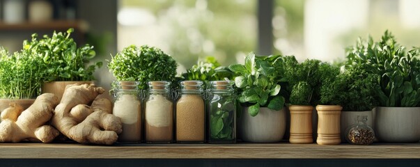 Rustic Kitchen Display with Fresh Herbs, Ginger, and Glass Jars Symbolizing Wellness and Digestive Health, Natural Ingredients for a Healthy Lifestyle