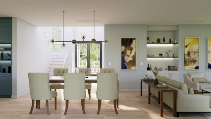 Interior renderings of Casa Lavanda, classic and colorful style