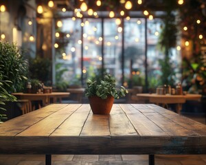 Rustic Wooden Table with Bokeh Lights and Soft Focus, Warm Ambiance, Cozy Cafe, Dinner Table, Restaurant Interior, Woodgrain Texture, Warm Lighting, Relaxing Atmosphere, Industrial Chic, Modern