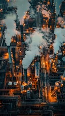 Fototapeta premium Aerial view of a bustling industrial city at night with towering smokestacks and illuminated structures aglow against the dark sky