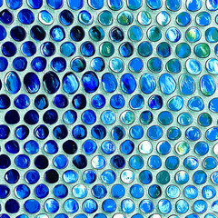 Close-up view of intricate blue glass mosaic tiles arranged in a stunning pattern on a wall display