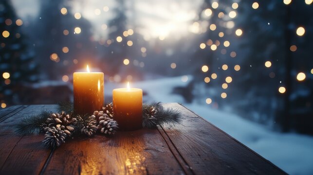 Rustic Wooden Table with Burning Candles and Sparkling Bokeh Lights, Creating a Warm and Cozy Winter Holiday Atmosphere