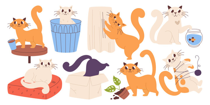 Naughty mischievous cat pet animals bad behavior making problem with home stuff isolated set