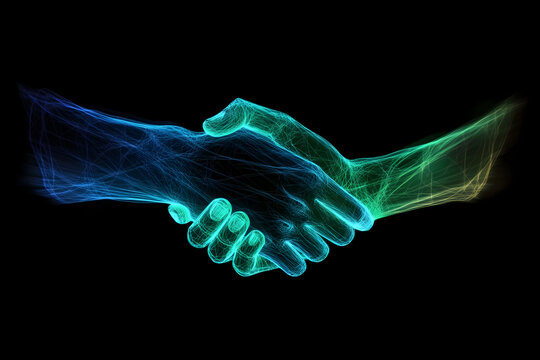 An electrifying neon graphic of hands clasping in a business handshake, with neon light streaks in blue and green hues, set against a black backdrop --ar 3:2 --s 50"