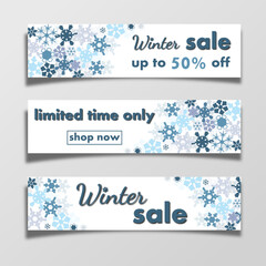 winter sale, set of templates discount banner design on the background many different snowflakes. modern vector illustration flyer, poster to promote purchases in the winter season en white and blue
