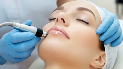 Close-up of a woman receiving a microdermabrasion skin treatment by a cosmetologist, symbolizing skincare and beauty treatments.