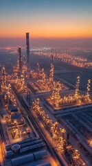 Fototapeta premium Aerial view of a glowing industrial refinery facility at dusk with illuminating cityscape of towers pipes and storage tanks against a twilight sky Concept of energy production manufacturing