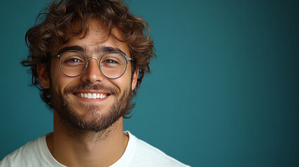 Fototapeta premium A joyful portrait of a young man with a bright smile and trendy glasses against a turquoise background, ideal for marketing campaigns and social media content.