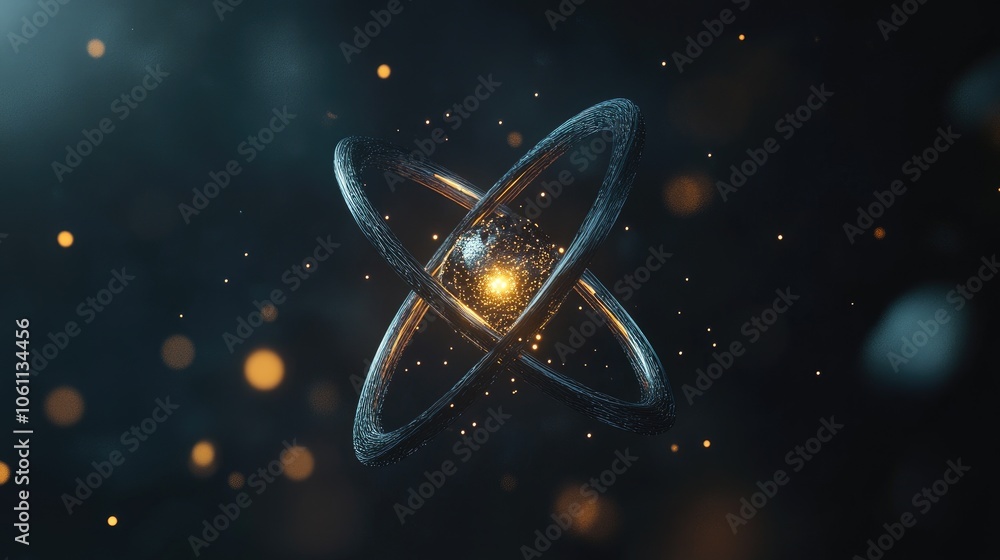 Poster futuristic 3d model of an atom with bright particles, symbolizing the intrigue of atomic science
