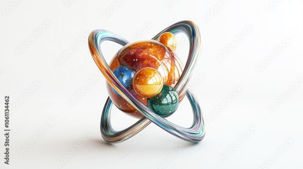 Poster futuristic 3d model of an atom with bright particles, symbolizing the intrigue of atomic science