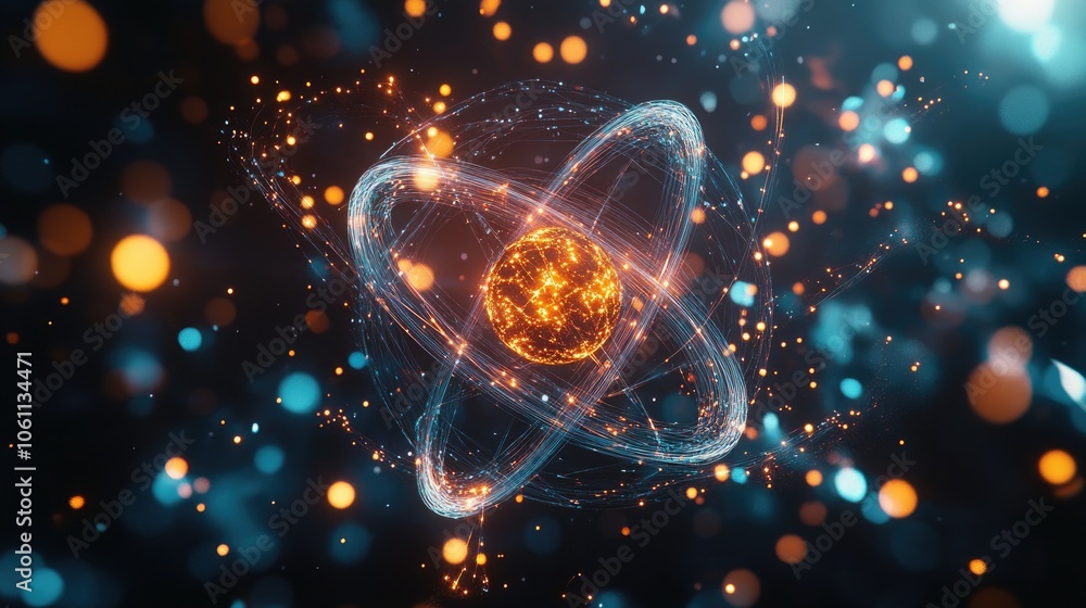 Poster glowing particles around a 3d-rendered atom, symbolizing the mysterious intricacies of atomic scienc