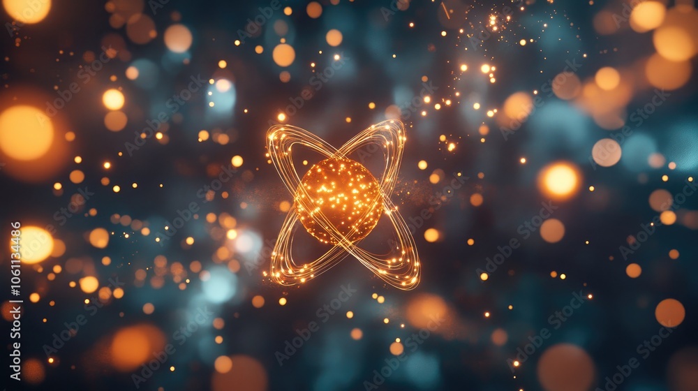 Poster glowing particles around a 3d-rendered atom, symbolizing the mysterious intricacies of atomic scienc